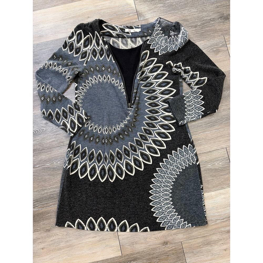 Aryeh Black Gray Abstract Print Shift Dress Women’s Large Long Sleeve
